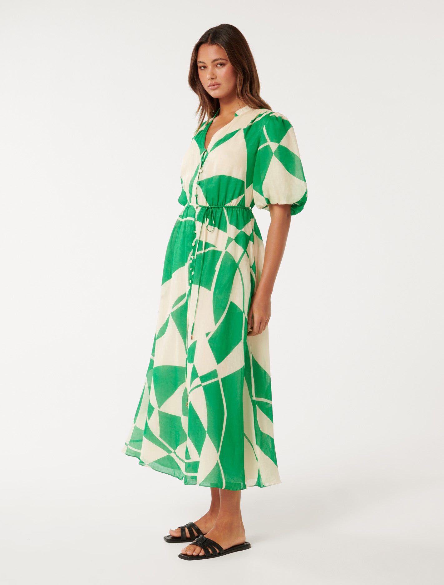 Loanne Puff Sleeve Midi Green Vere Abstract