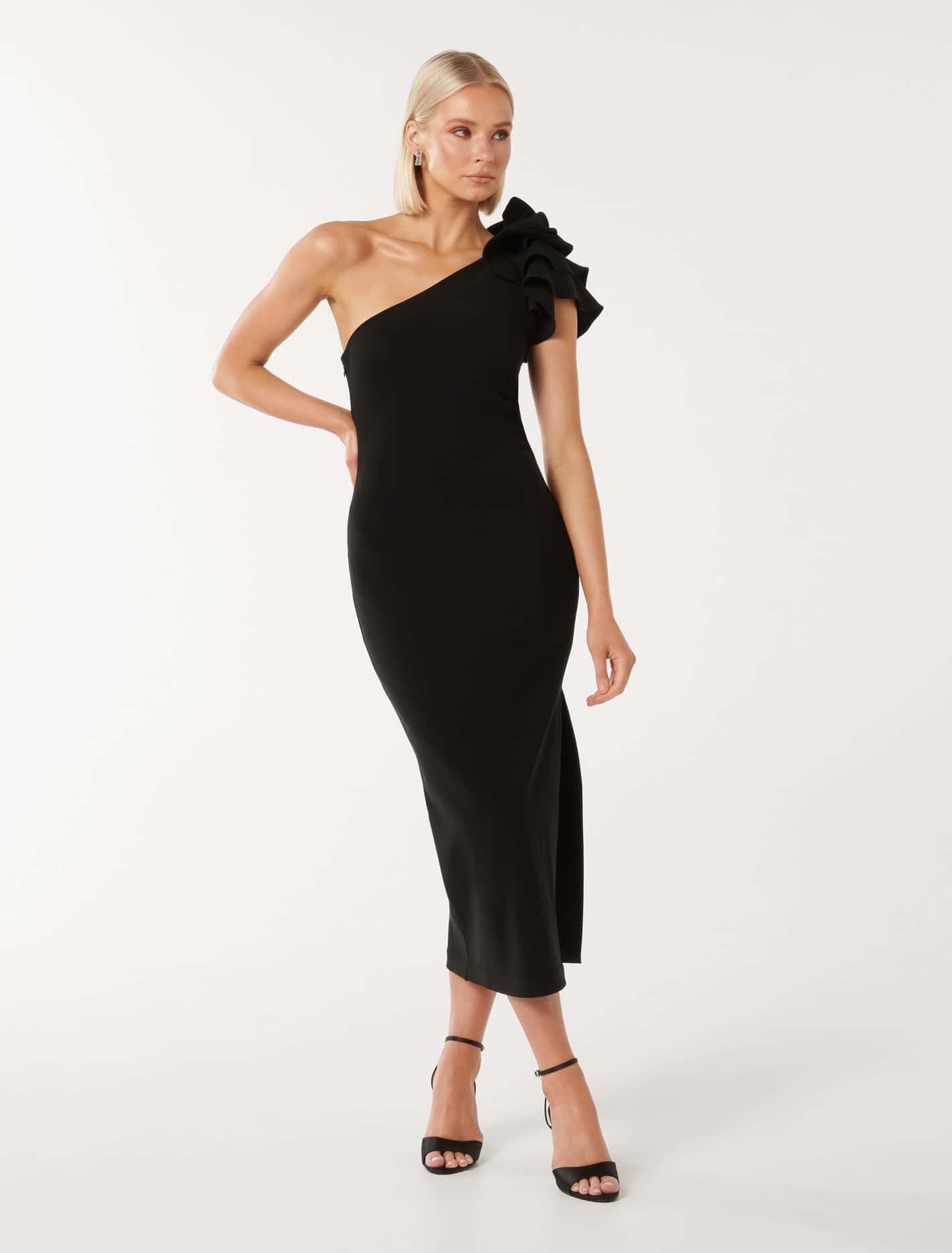 Celeste One Shoulder Ruffle Bodycon Black