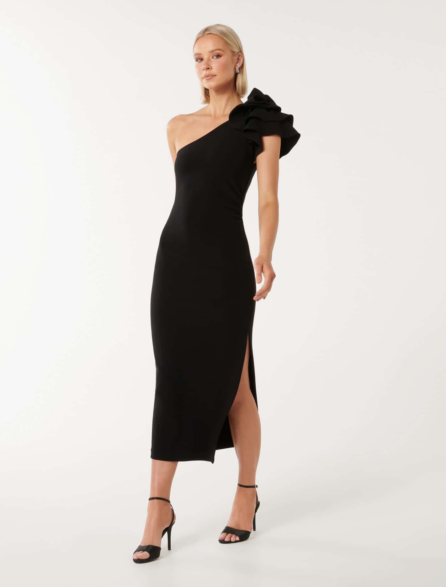 Celeste One Shoulder Ruffle Bodycon Black