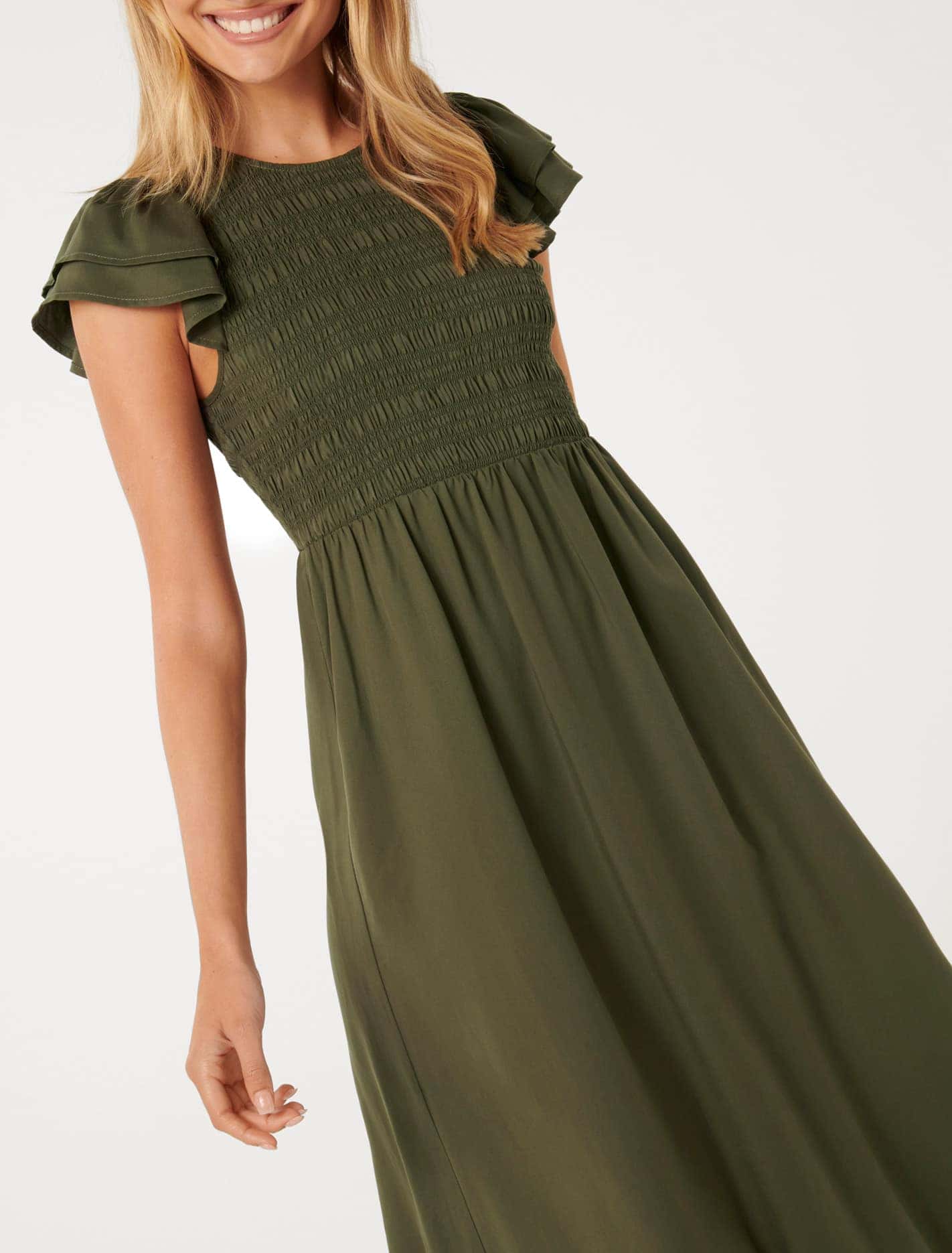 Tallulah Shirred Midi Khaki