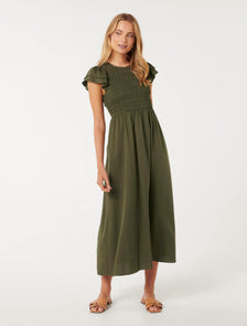 Tallulah Shirred Midi Khaki