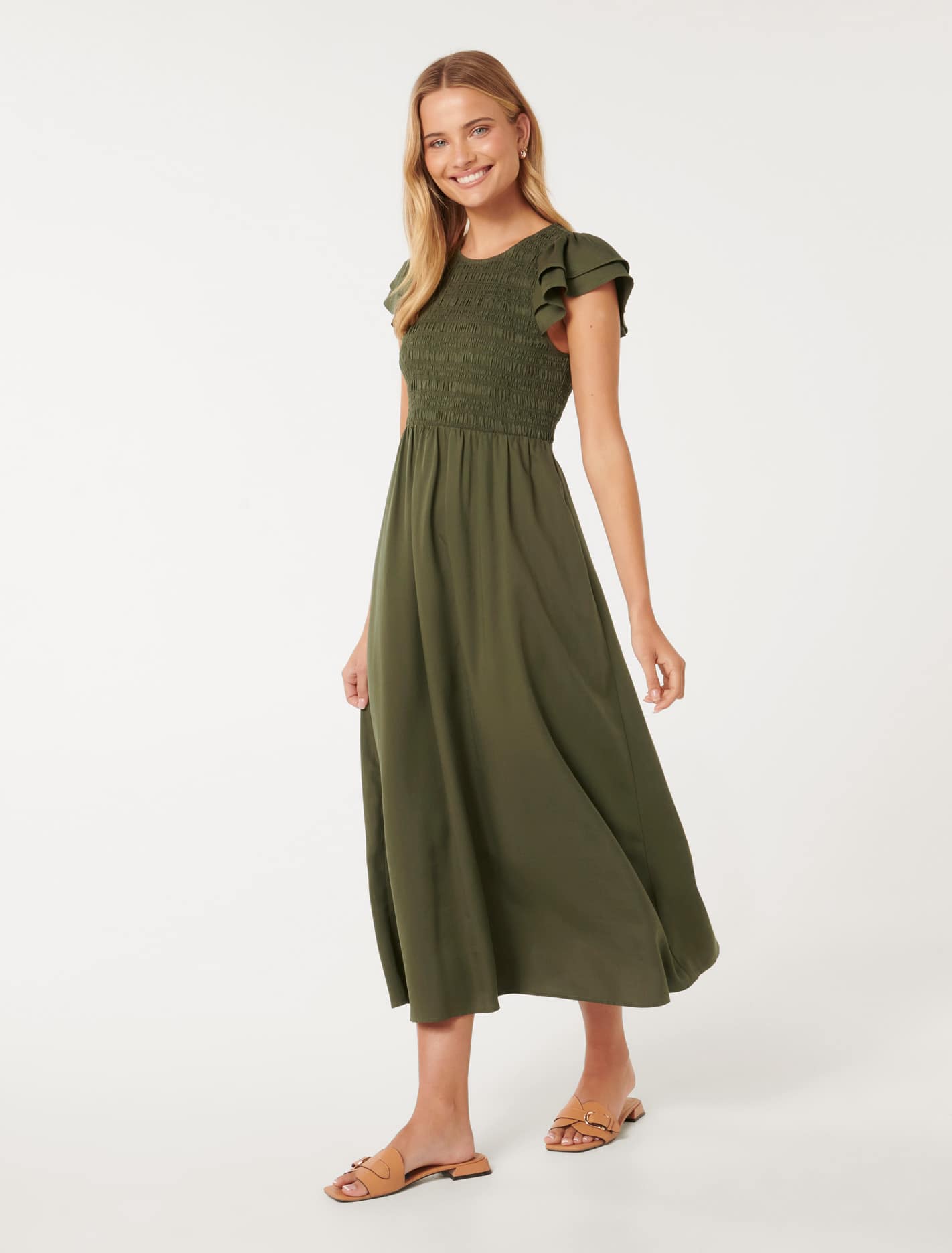 Tallulah Shirred Midi Khaki