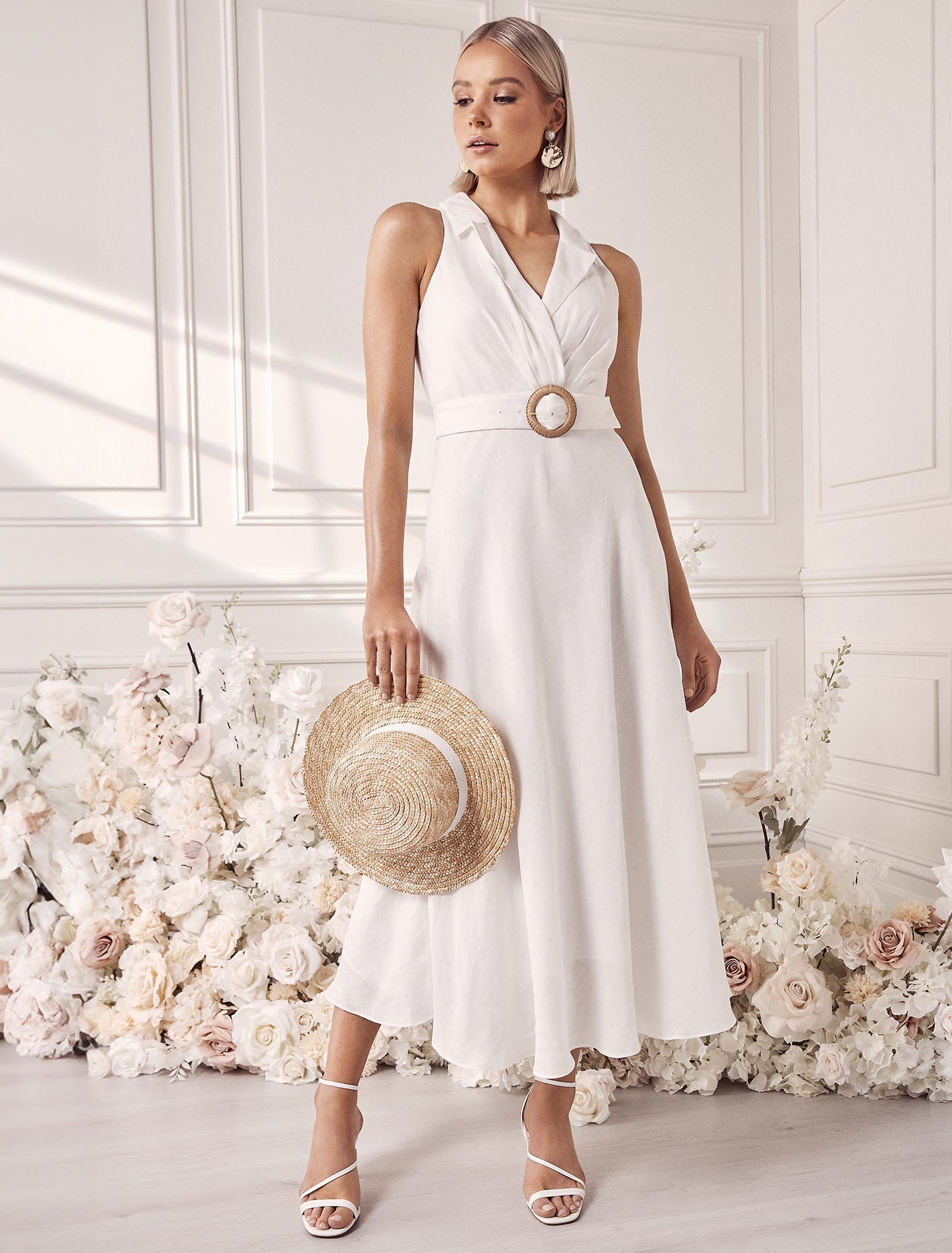 Paulina Collar Detail Belted Midi Porcelain