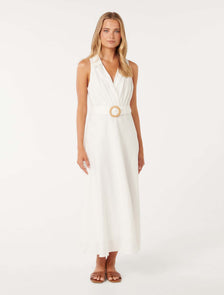 Paulina Collar Detail Belted Midi Porcelain