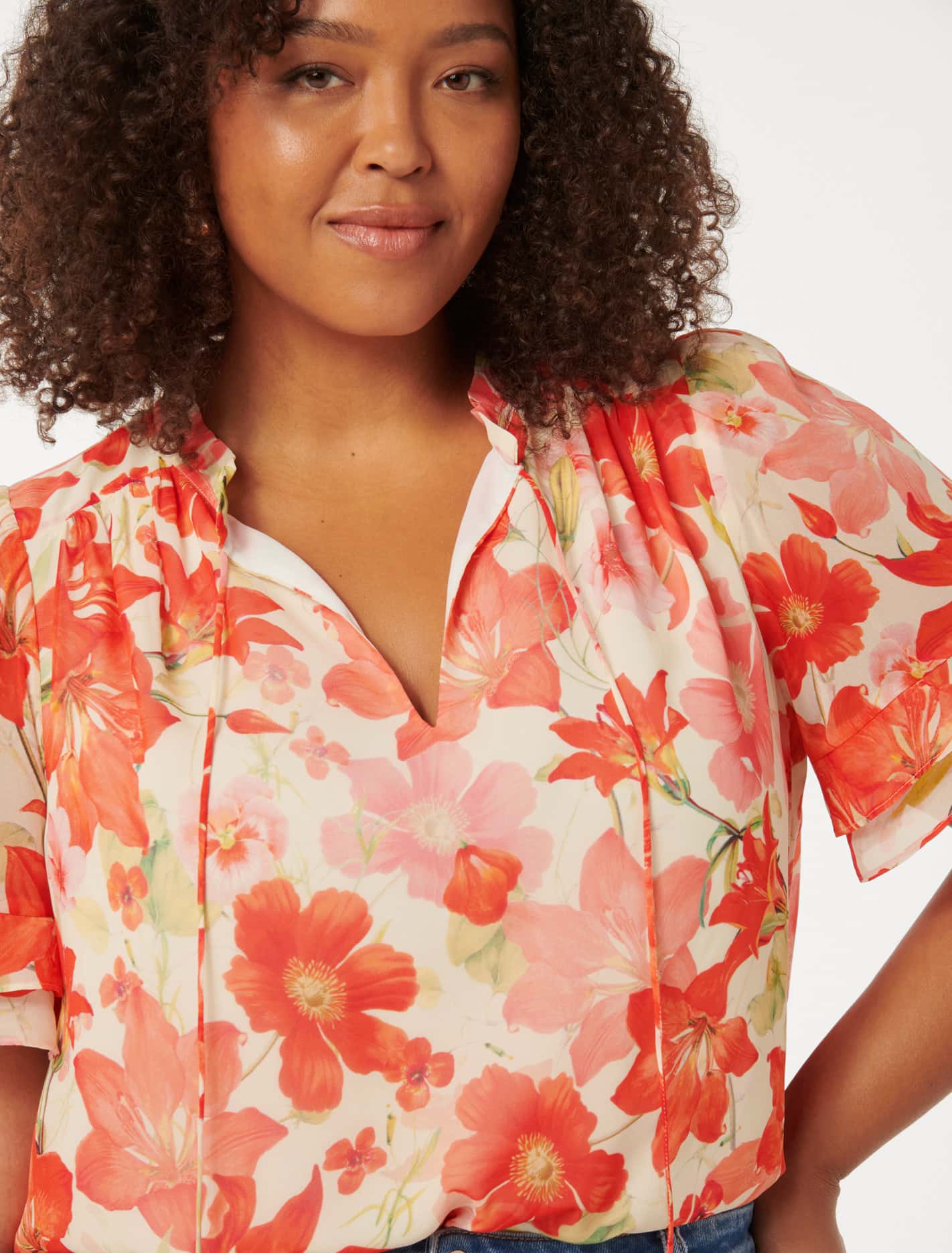 Zarina Curve Trim Spliced Blouse Red Calida Botanical