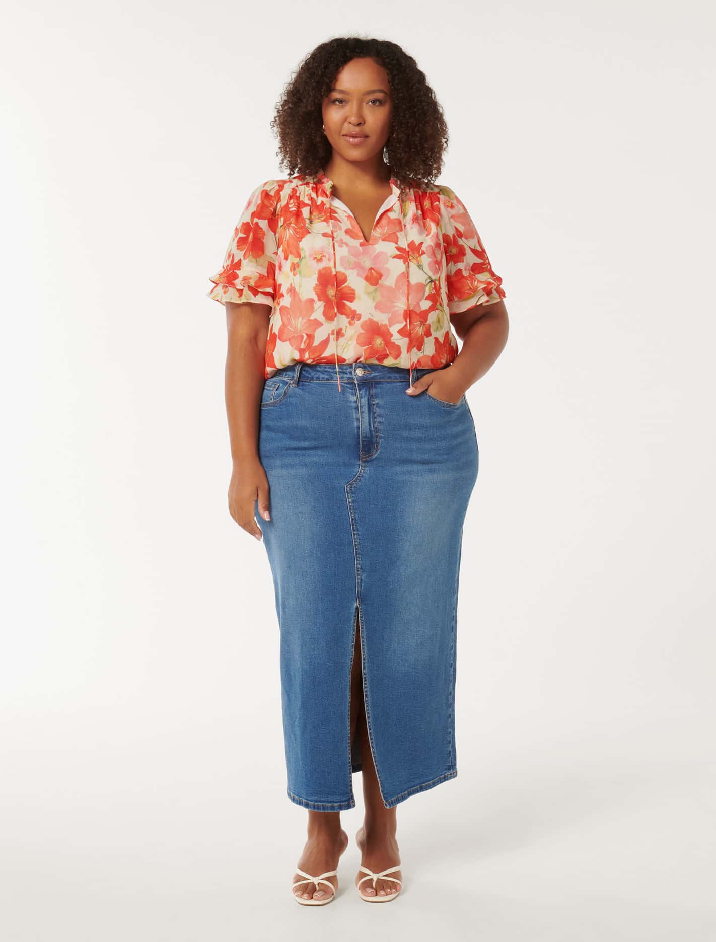 Zarina Curve Trim Spliced Blouse Red Calida Botanical