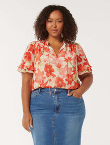 Zarina Curve Trim Spliced Blouse Red Calida Botanical