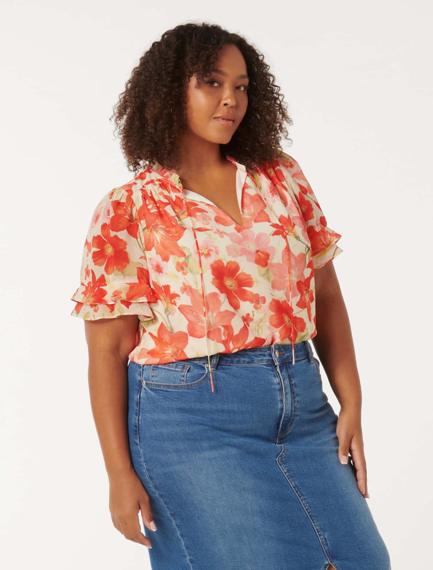Zarina Curve Trim Spliced Blouse Red Calida Botanical