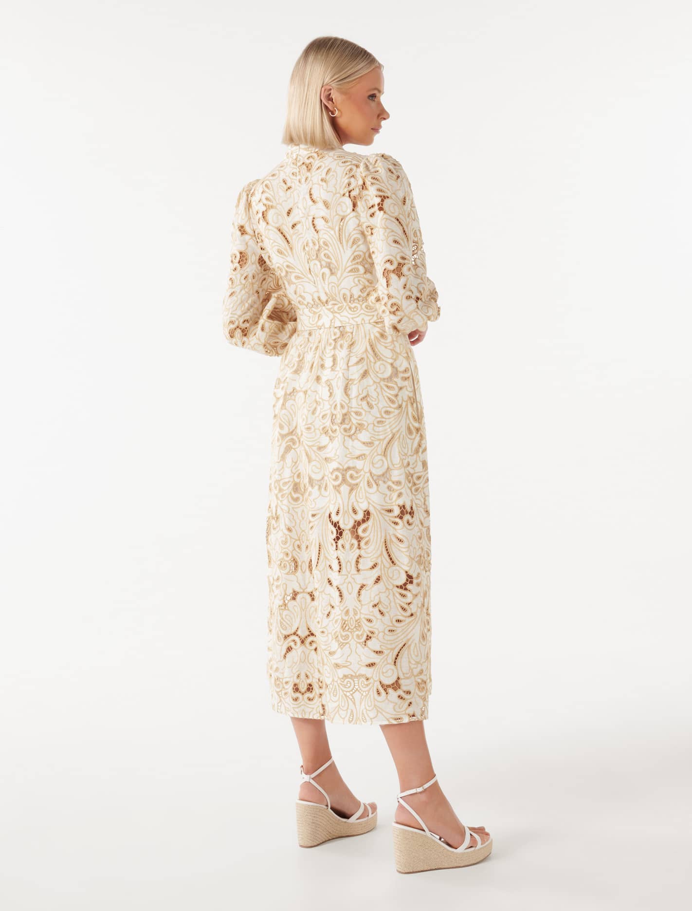 Fifi Broderie Long Sleeve Midi Dress Porcelain and Tan Broderie