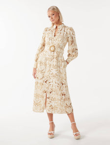 Fifi Broderie Long Sleeve Midi Dress Porcelain and Tan Broderie