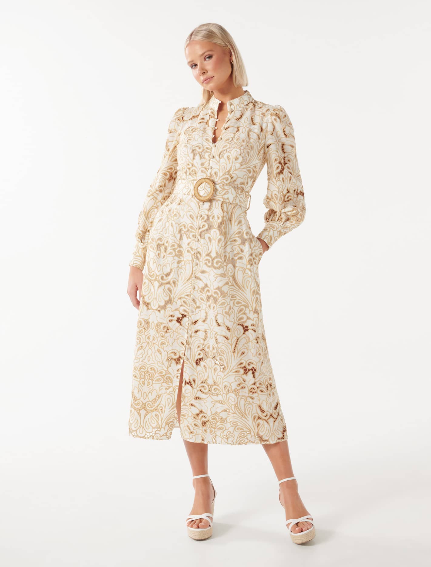 Fifi Broderie Long Sleeve Midi Dress Porcelain and Tan Broderie