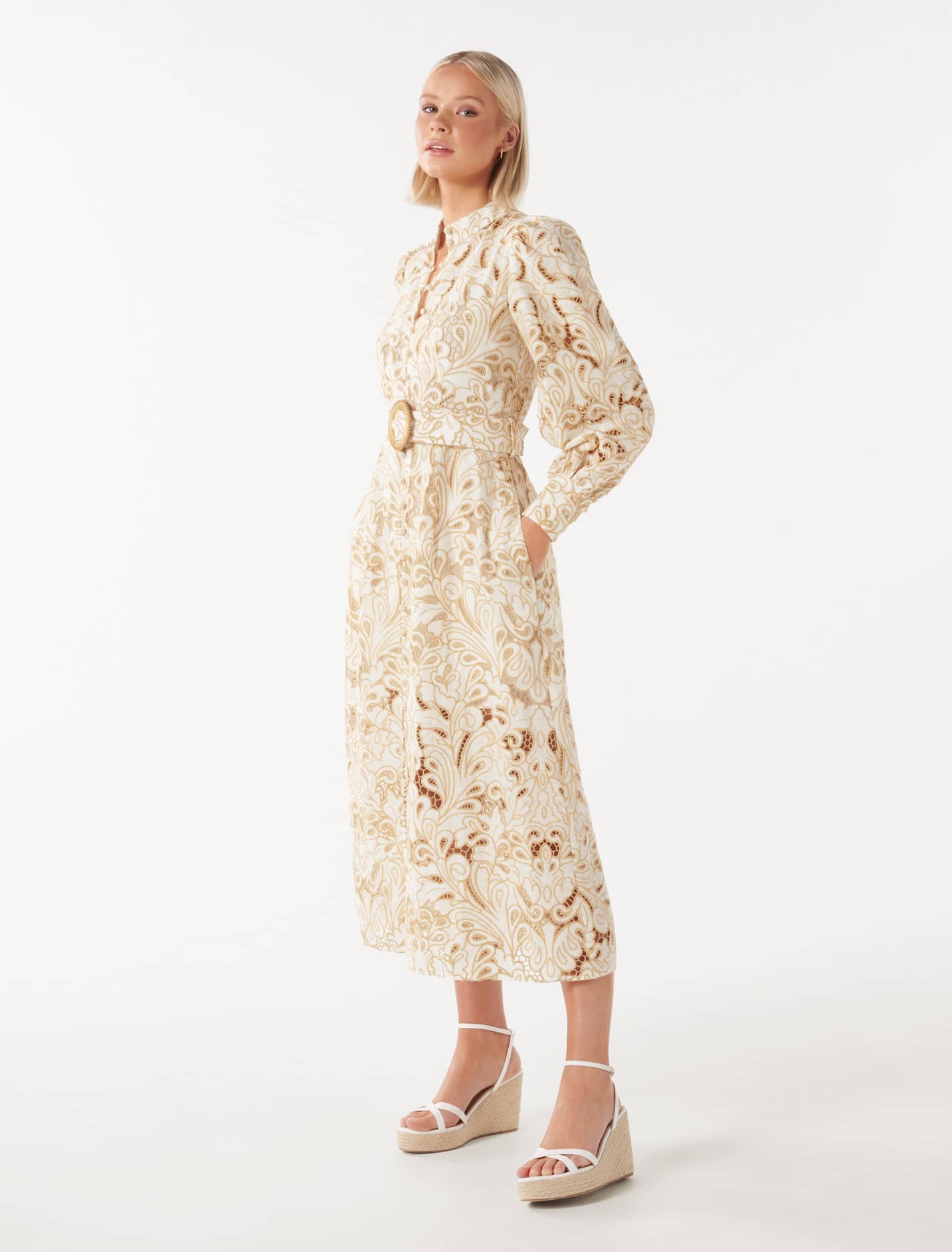 Fifi Broderie Long Sleeve Midi Dress Porcelain and Tan Broderie