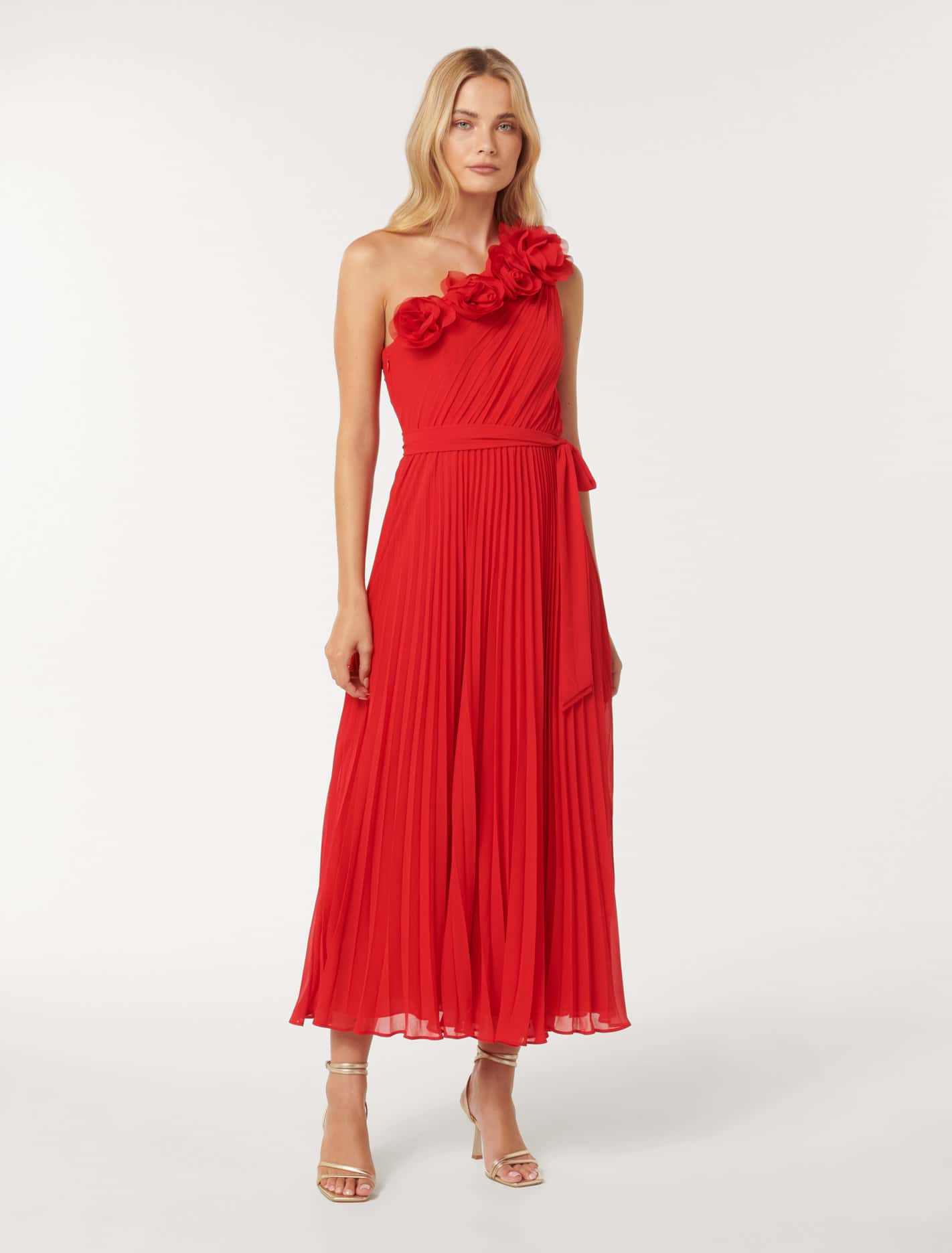 Everly Rosette Pleat Midi Dress Strawberry Red