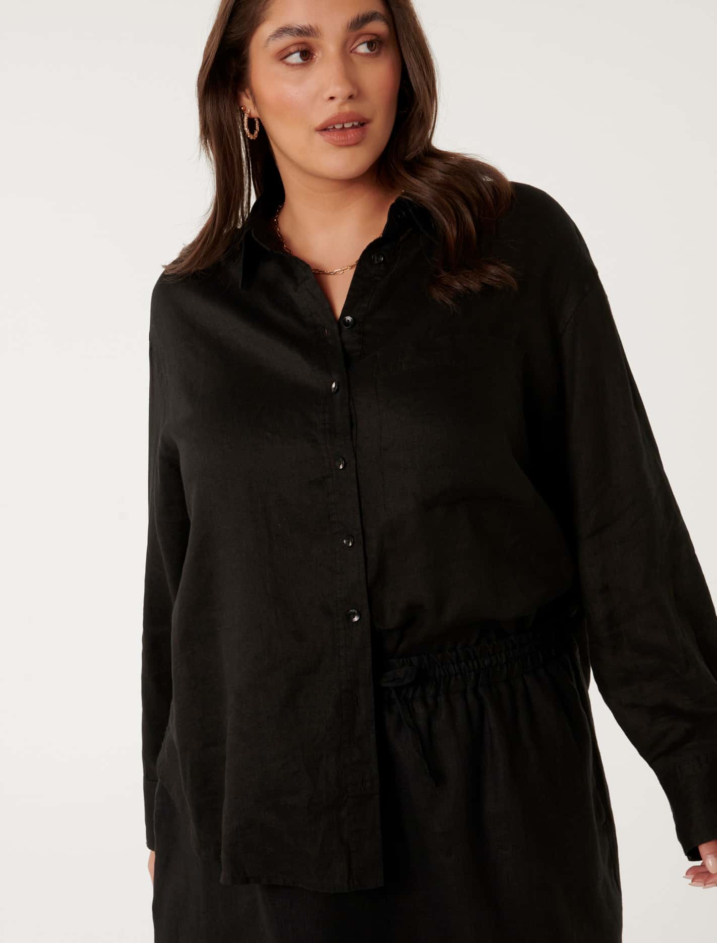 Willa Curve Linen Blend Shirt Black Co-Ord