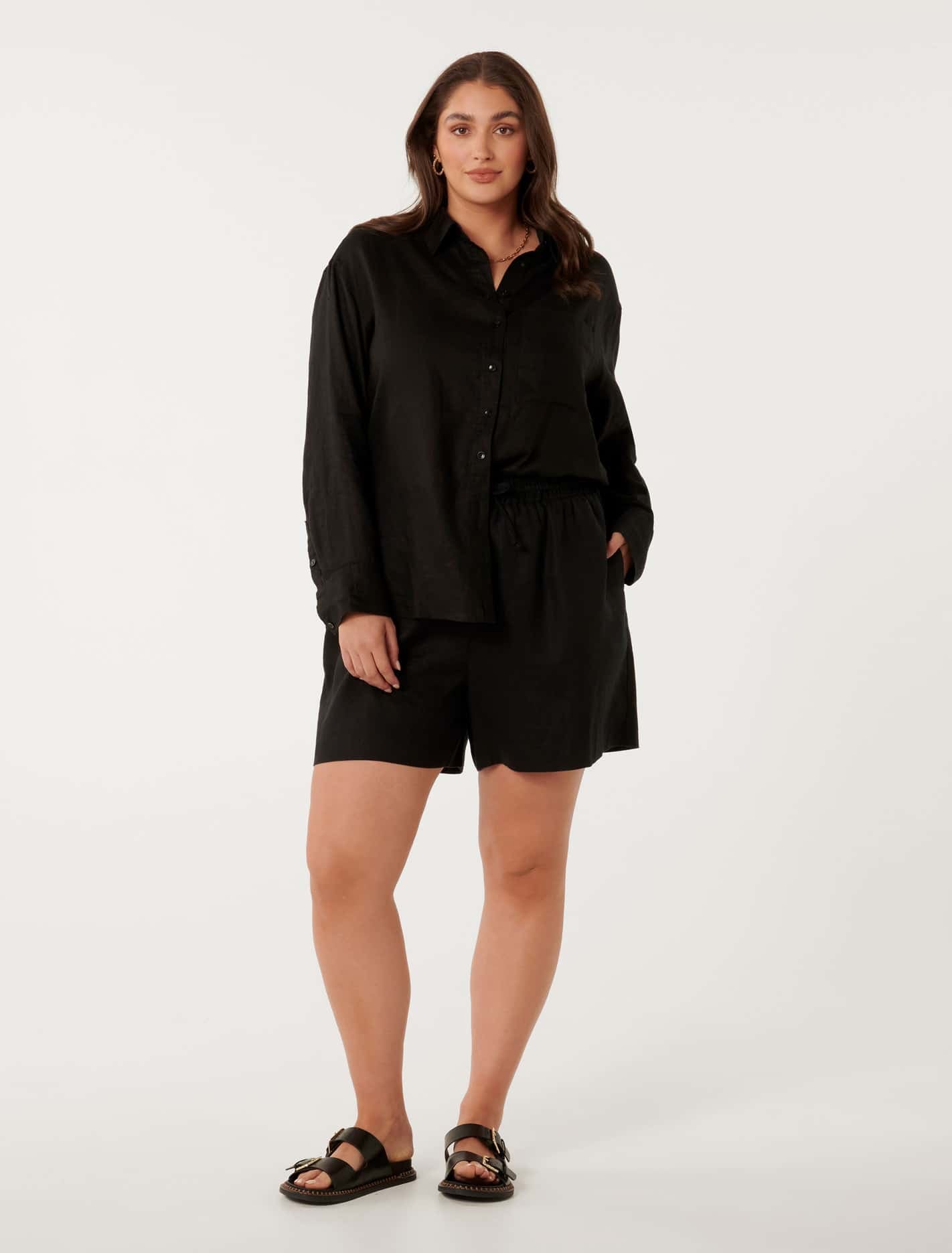 Willa Curve Linen Blend Shirt Black Co-Ord