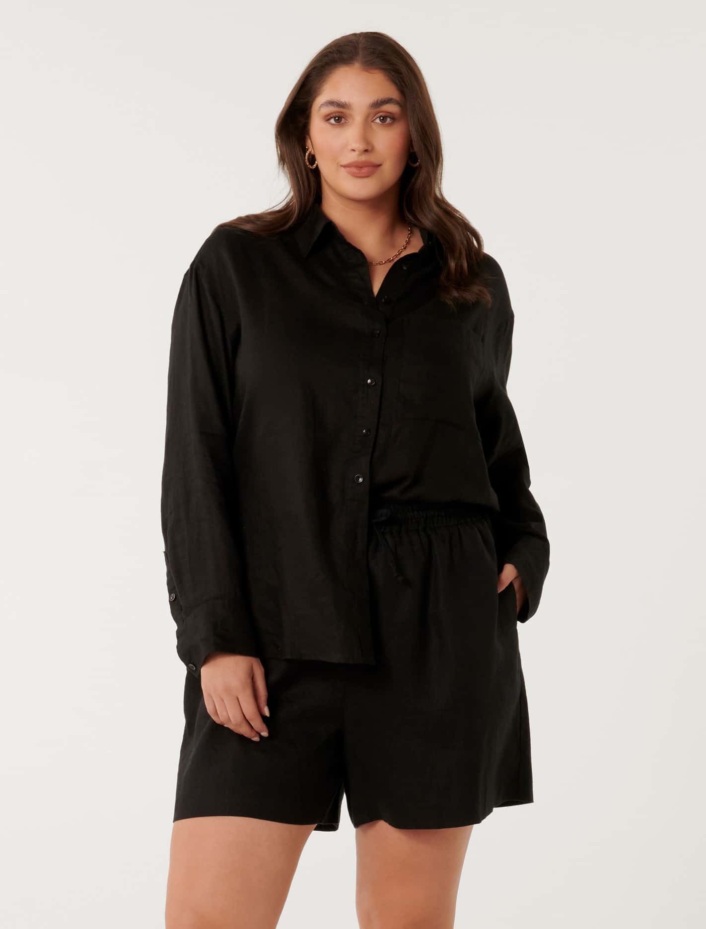 Willa Curve Linen Blend Shirt Black Co-Ord