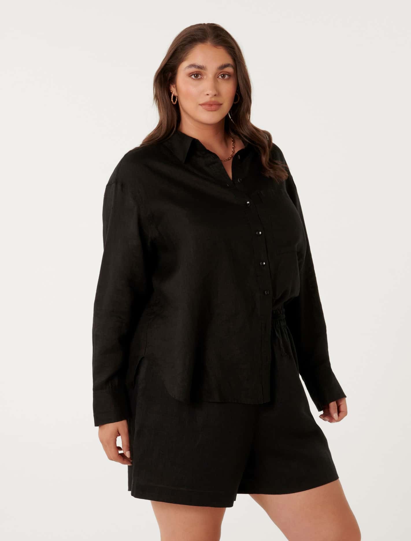 Willa Curve Linen Blend Shirt Black Co-Ord