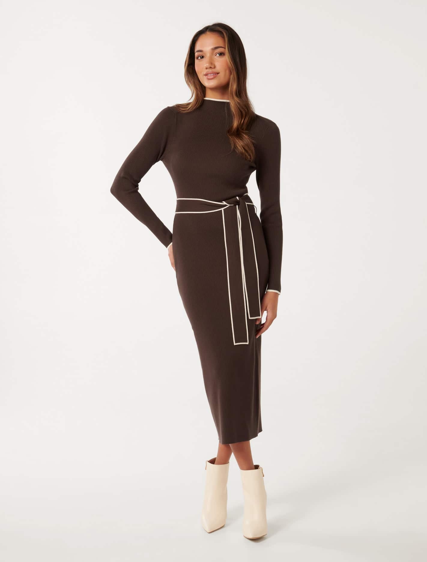 Ariella Petite Knit Midi Dress Chocolate Tipped