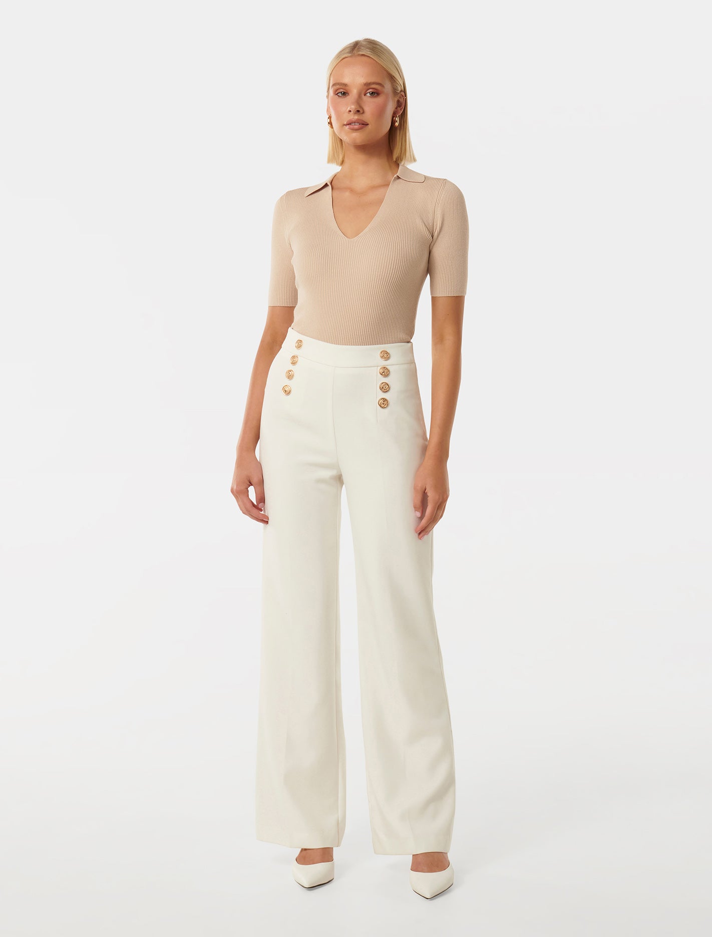 Selena S/S Collar Knit Top Stone