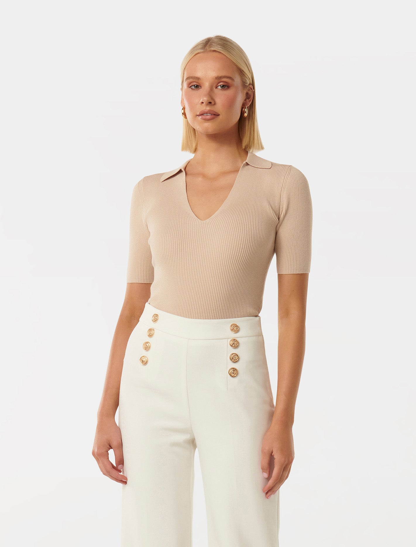 Selena S/S Collar Knit Top Stone