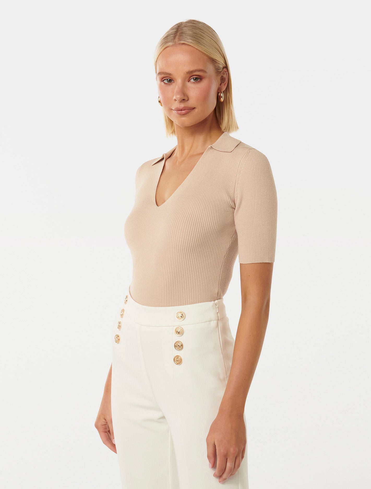 Selena S/S Collar Knit Top Stone