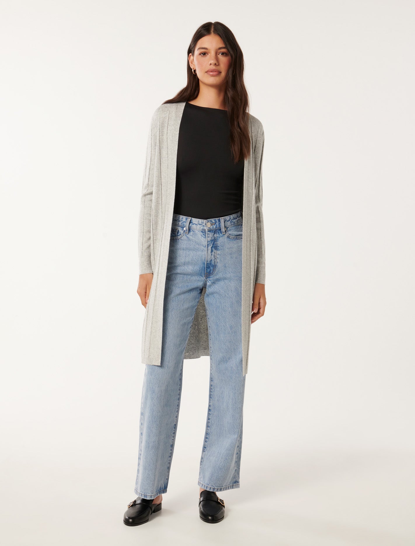 Daphne Long Line Ribbed Cardigan Silver Grey