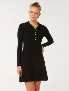 Joanna Half Placket Ribbed Mini Dress Black