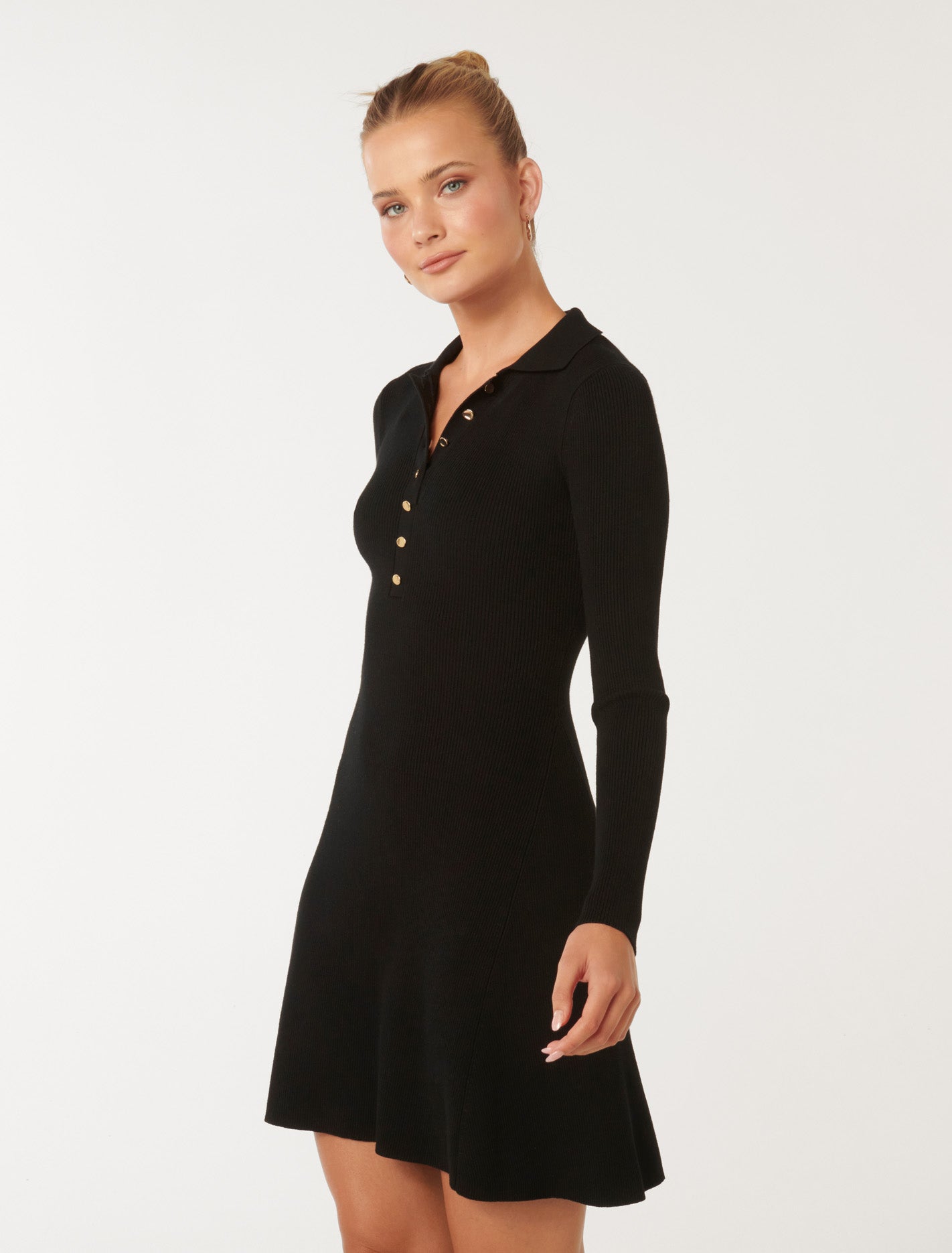 Joanna Half Placket Ribbed Mini Dress Black