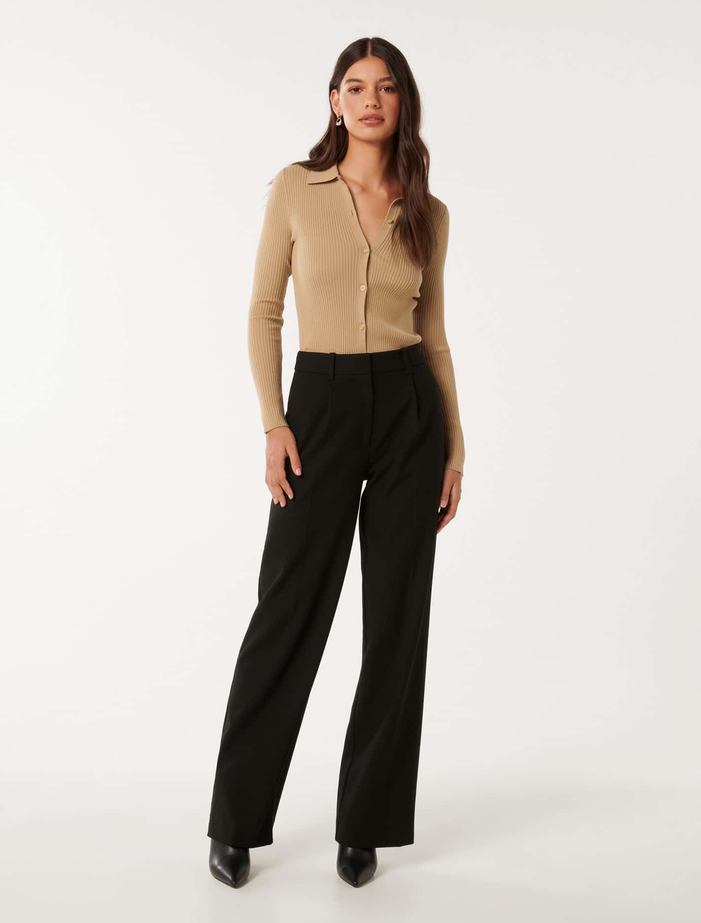 Marlowe Button Through Polo Knit Top Fawn