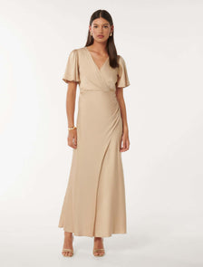 Chelsea Flutter Sleeve Satin Maxi Mystic Gold