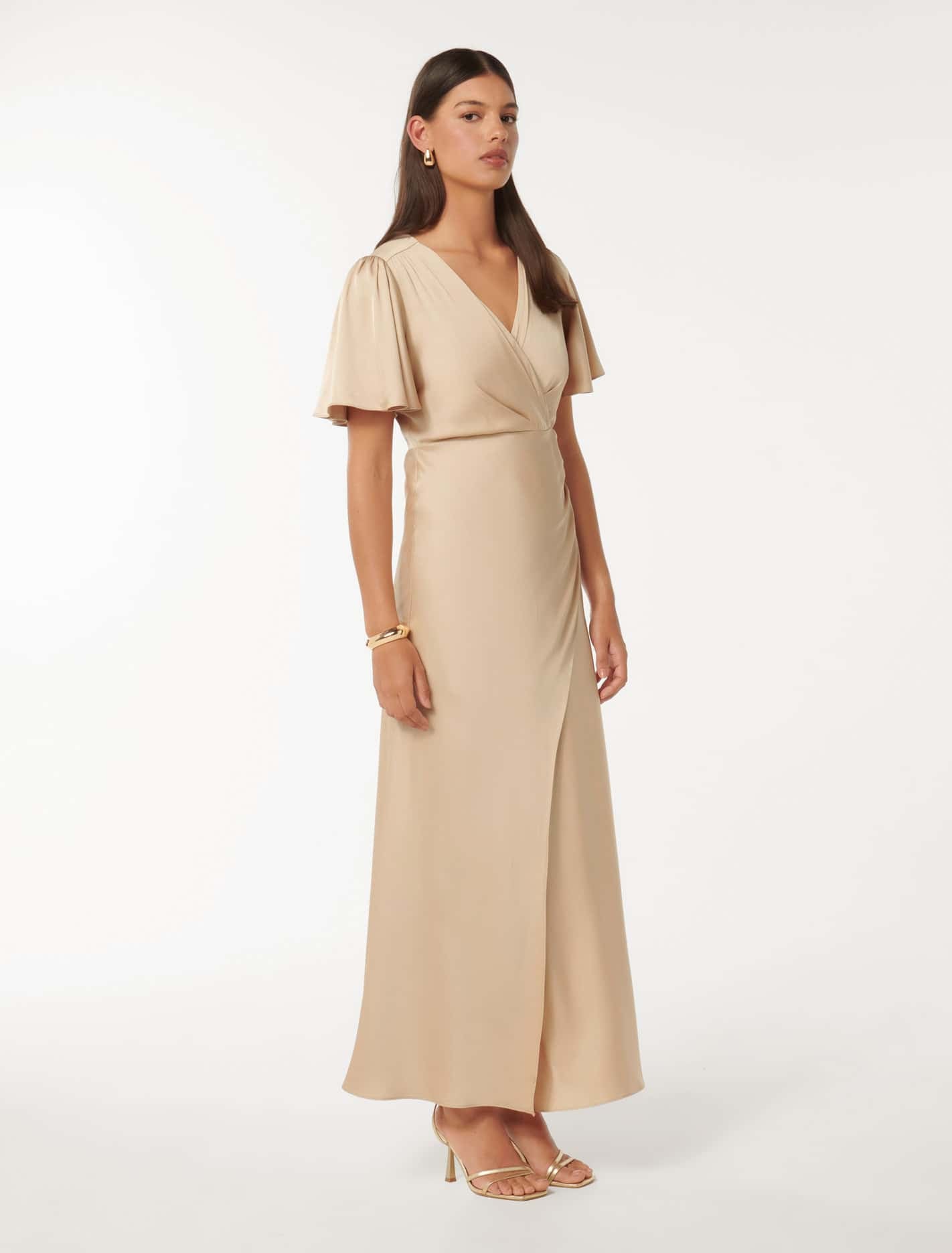 Chelsea Flutter Sleeve Satin Maxi Mystic Gold