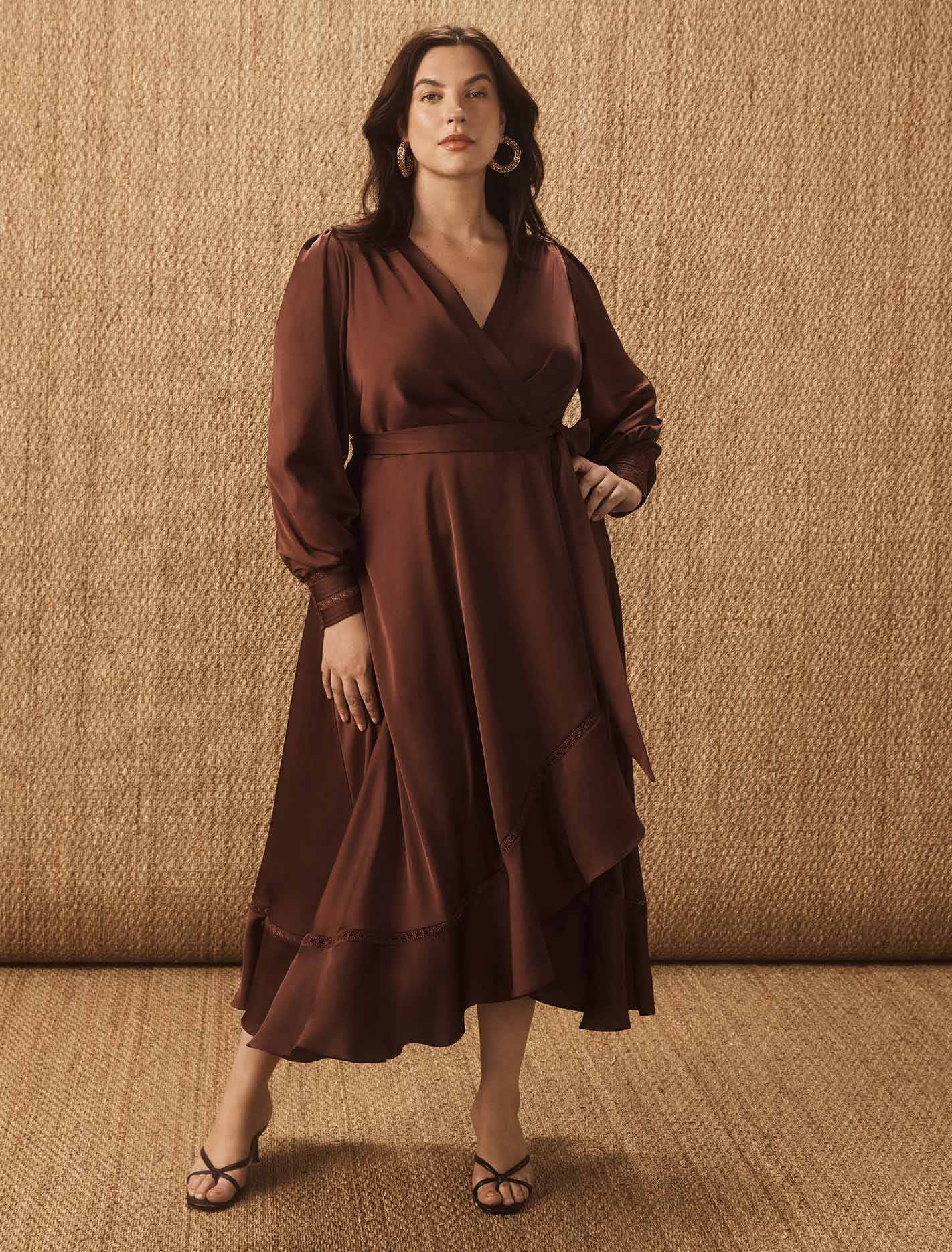 Savanna Curve Satin Wrap Midi Conker