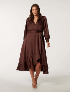 Savanna Curve Satin Wrap Midi Conker