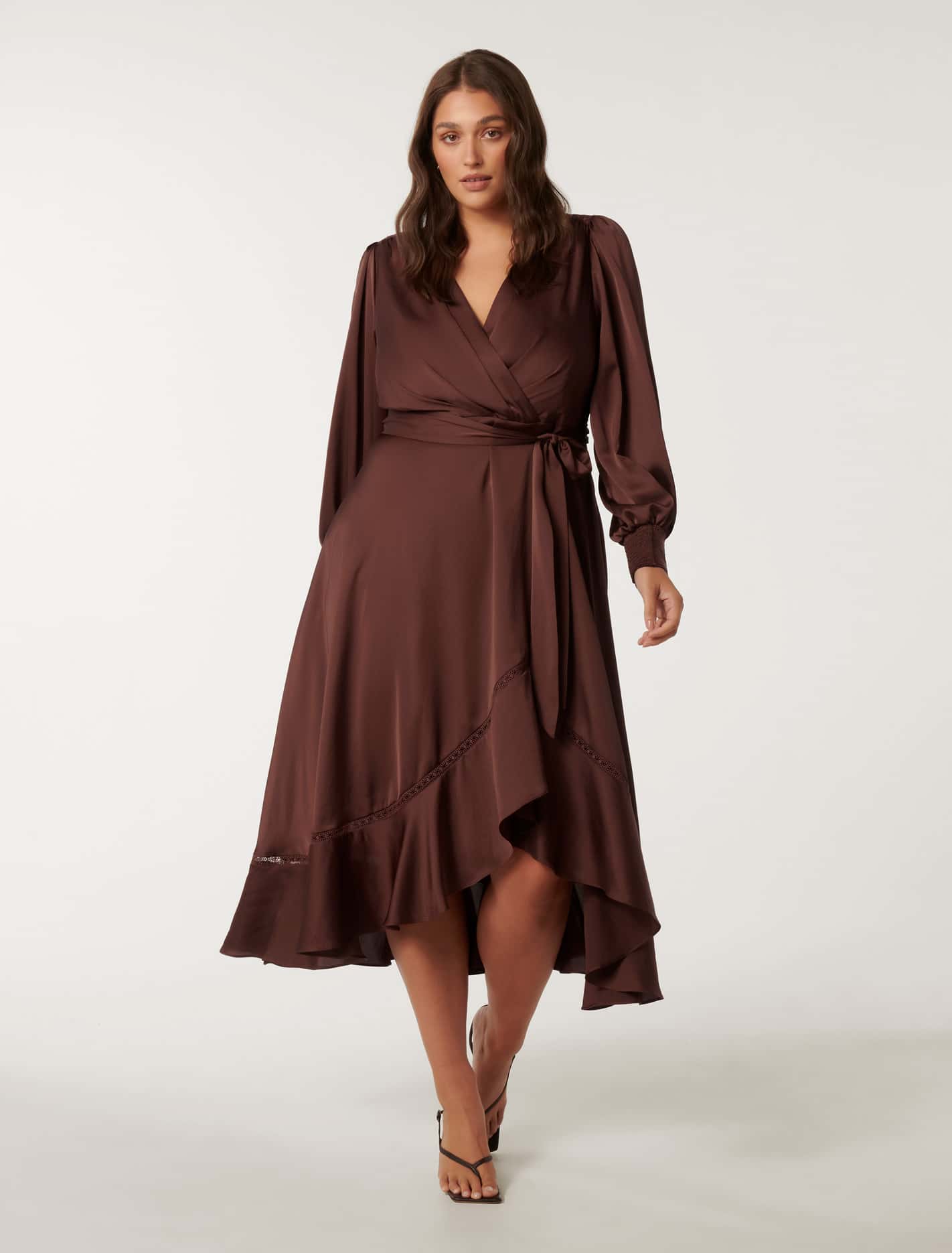 Savanna Curve Satin Wrap Midi Conker