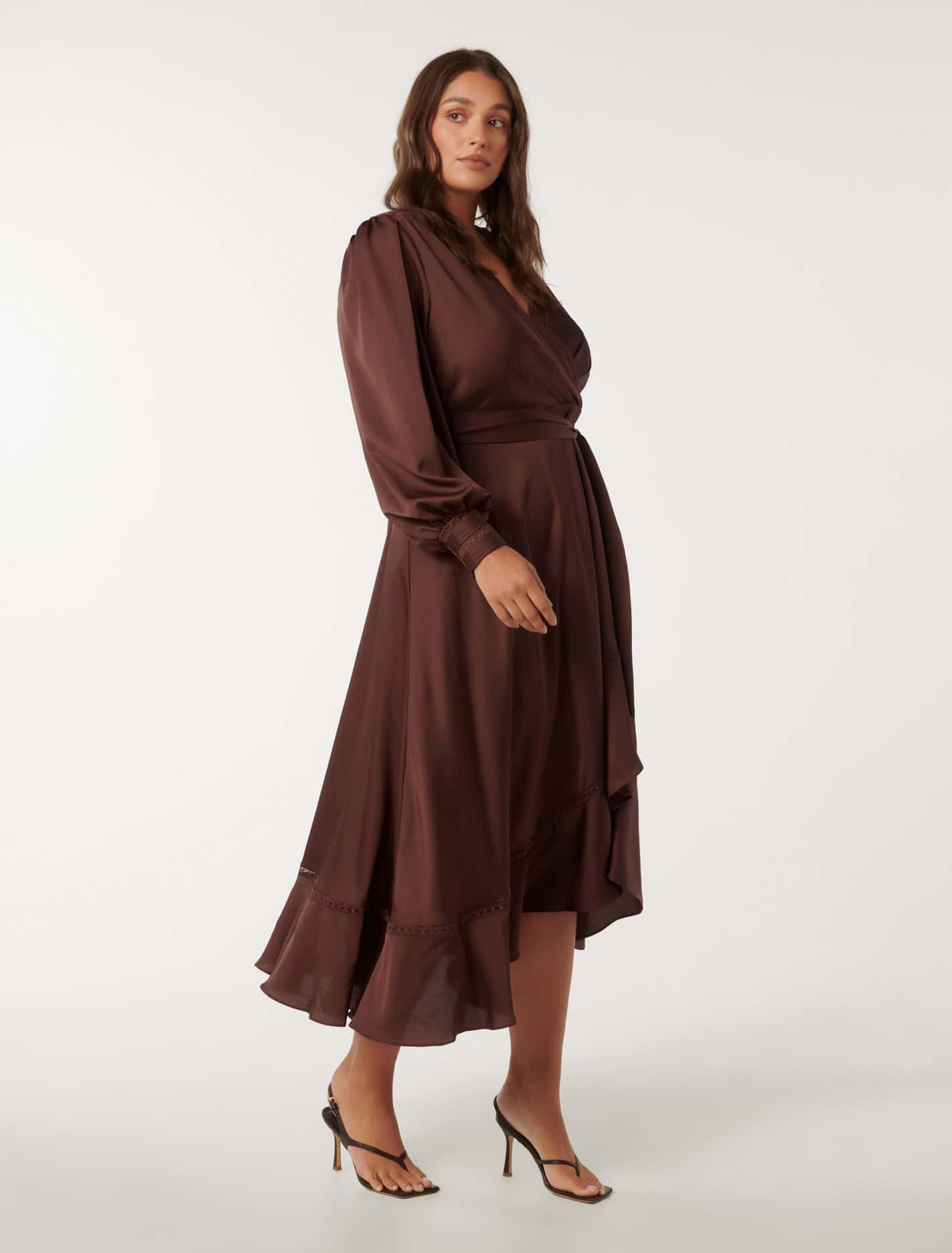 Savanna Curve Satin Wrap Midi Conker
