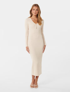 Teagan Ribbed Knit Midi Dress Cream