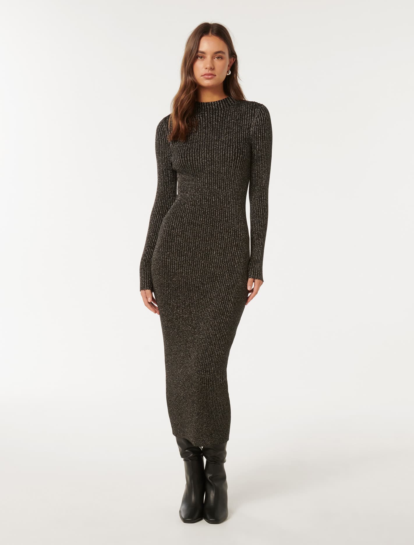 Eliza Ribbed Column Midi Dress Gunmetal/ Black