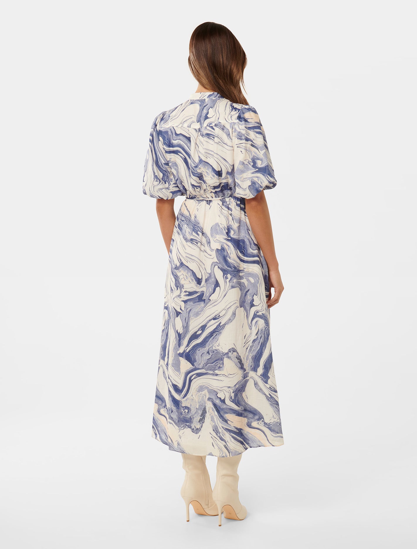 Loren Puff Sleeve Midi Blue Sahara Marble