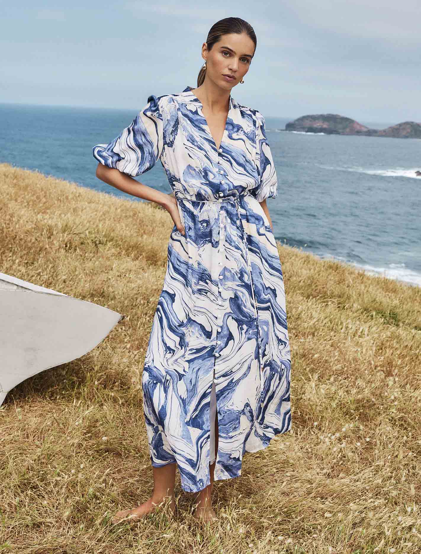 Loren Puff Sleeve Midi Blue Sahara Marble