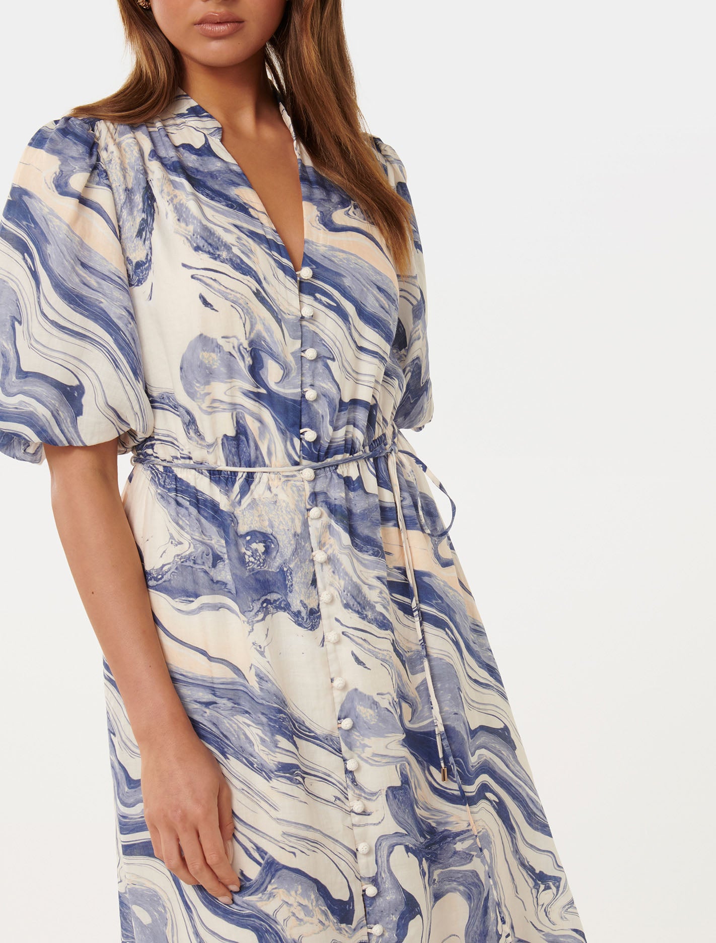 Loren Puff Sleeve Midi Blue Sahara Marble