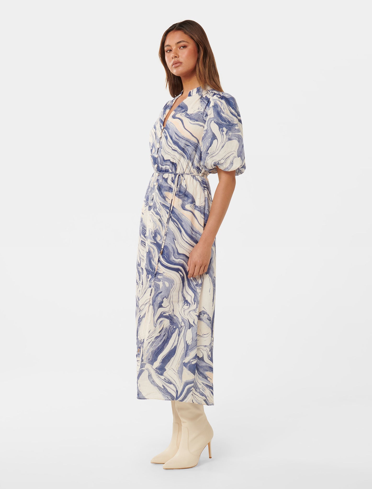 Loren Puff Sleeve Midi Blue Sahara Marble
