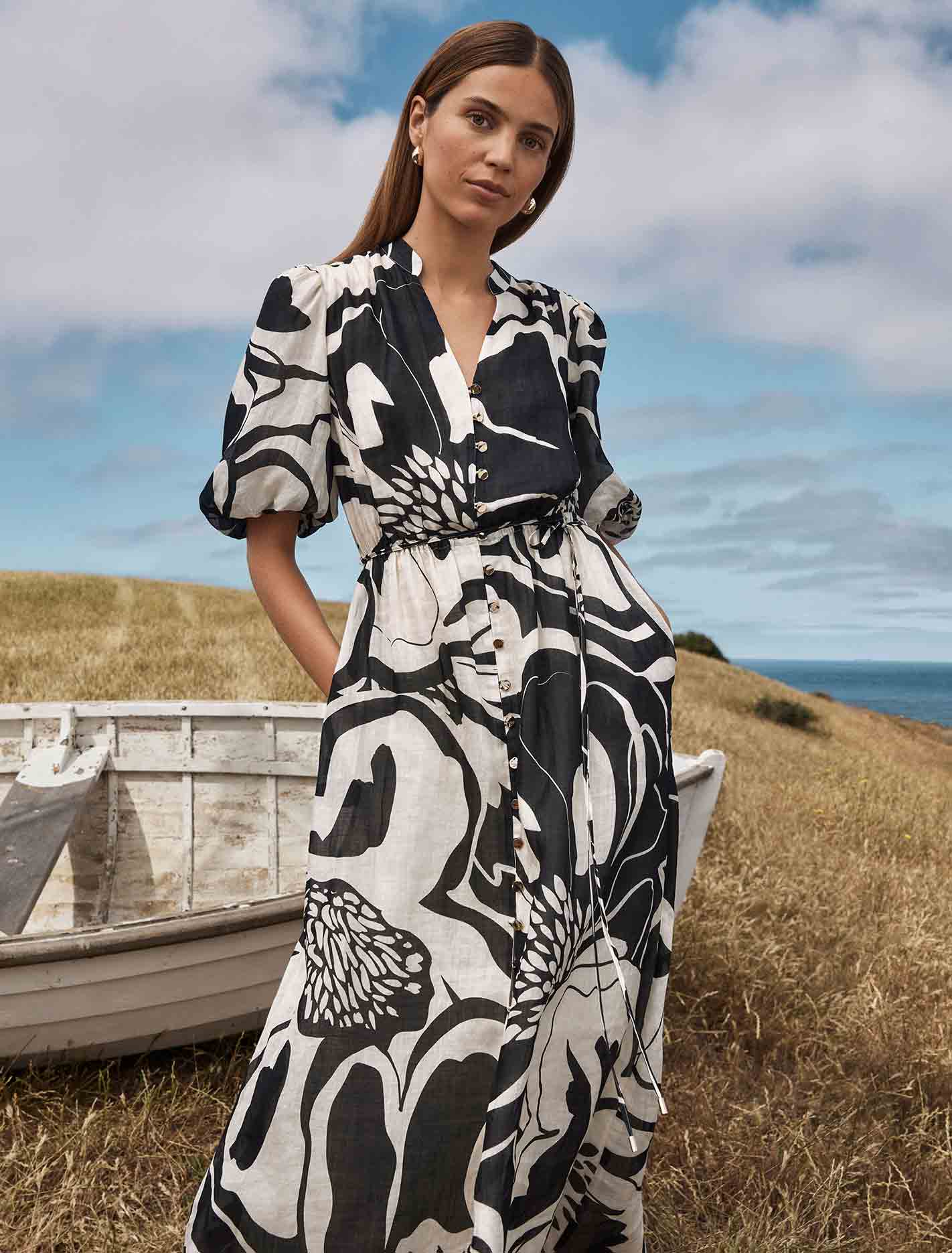 Loren Puff-Sleeve Midi Dress Dunstan Abstract