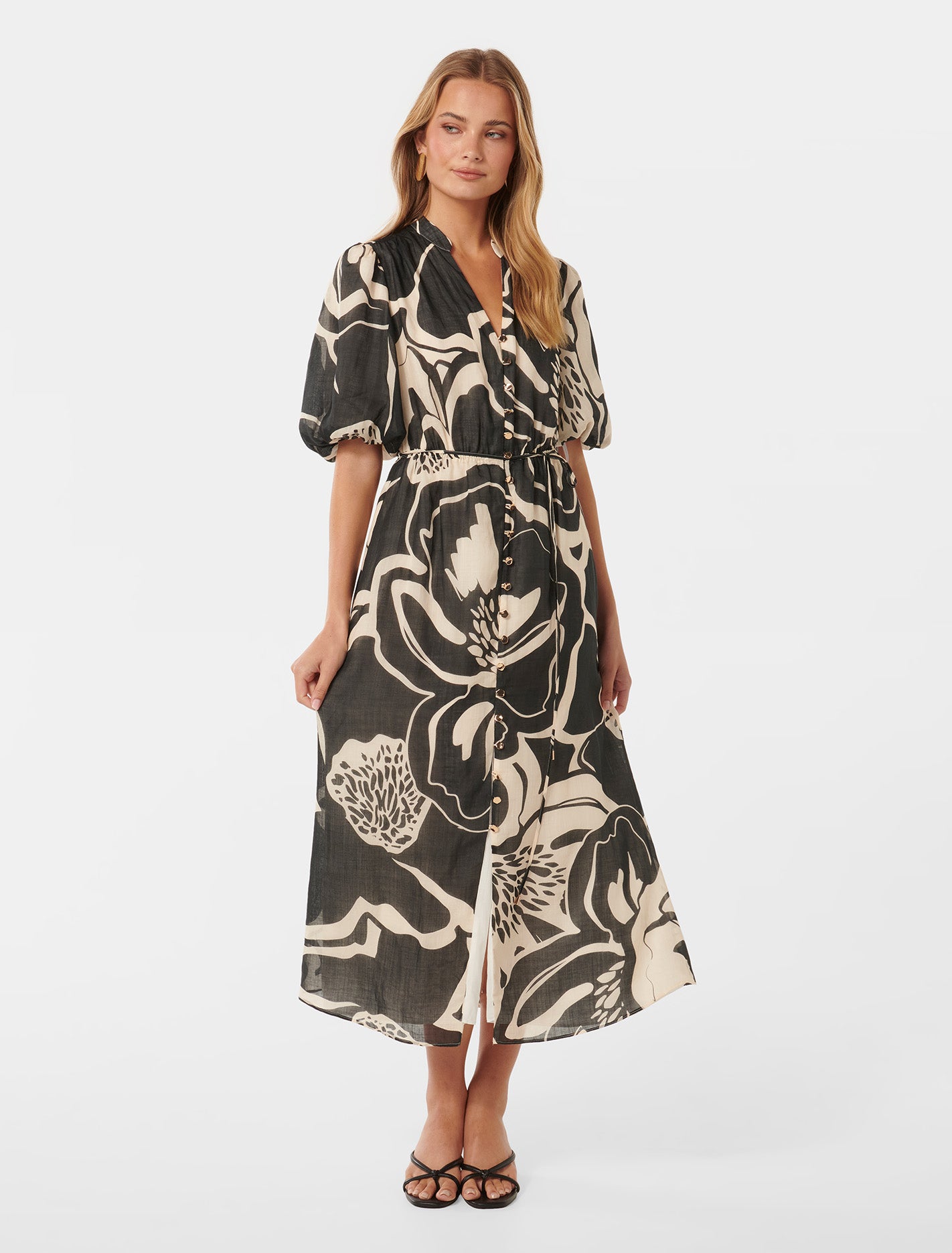 Loren Puff-Sleeve Midi Dress Dunstan Abstract