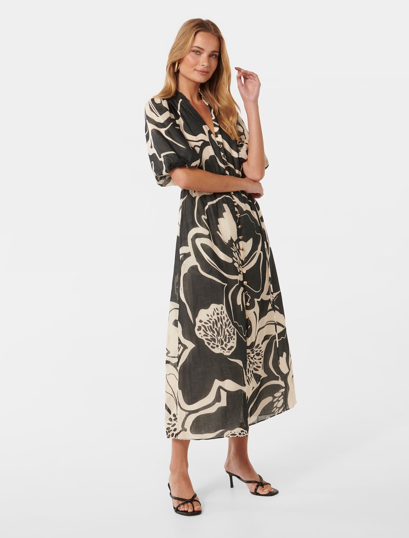 Loren Puff-Sleeve Midi Dress Dunstan Abstract