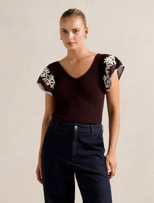 Elodie Frill Sleeve Knit Tank Chocolate