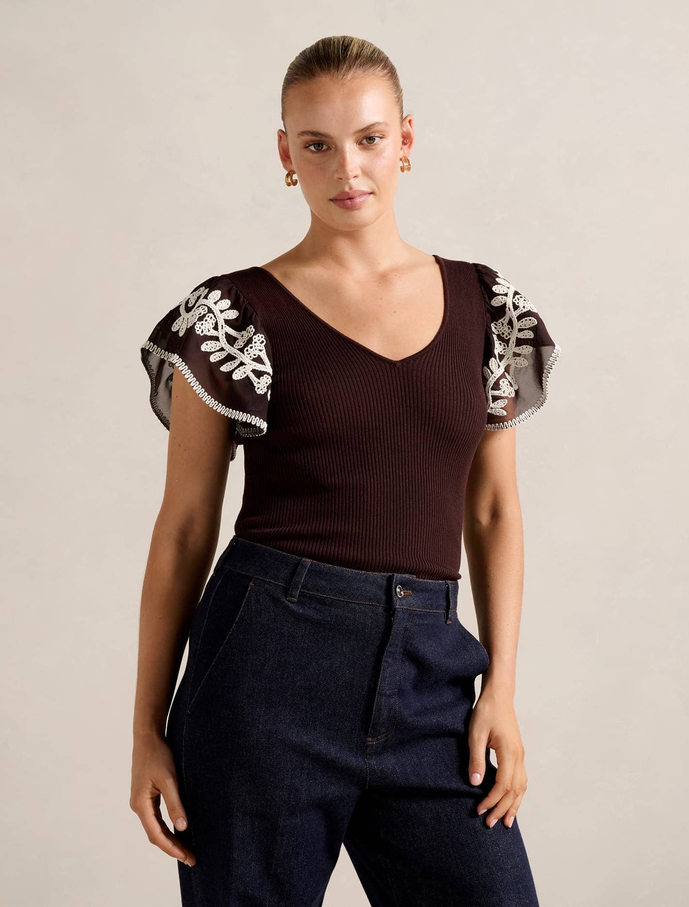 Elodie Frill Sleeve Knit Tank Chocolate
