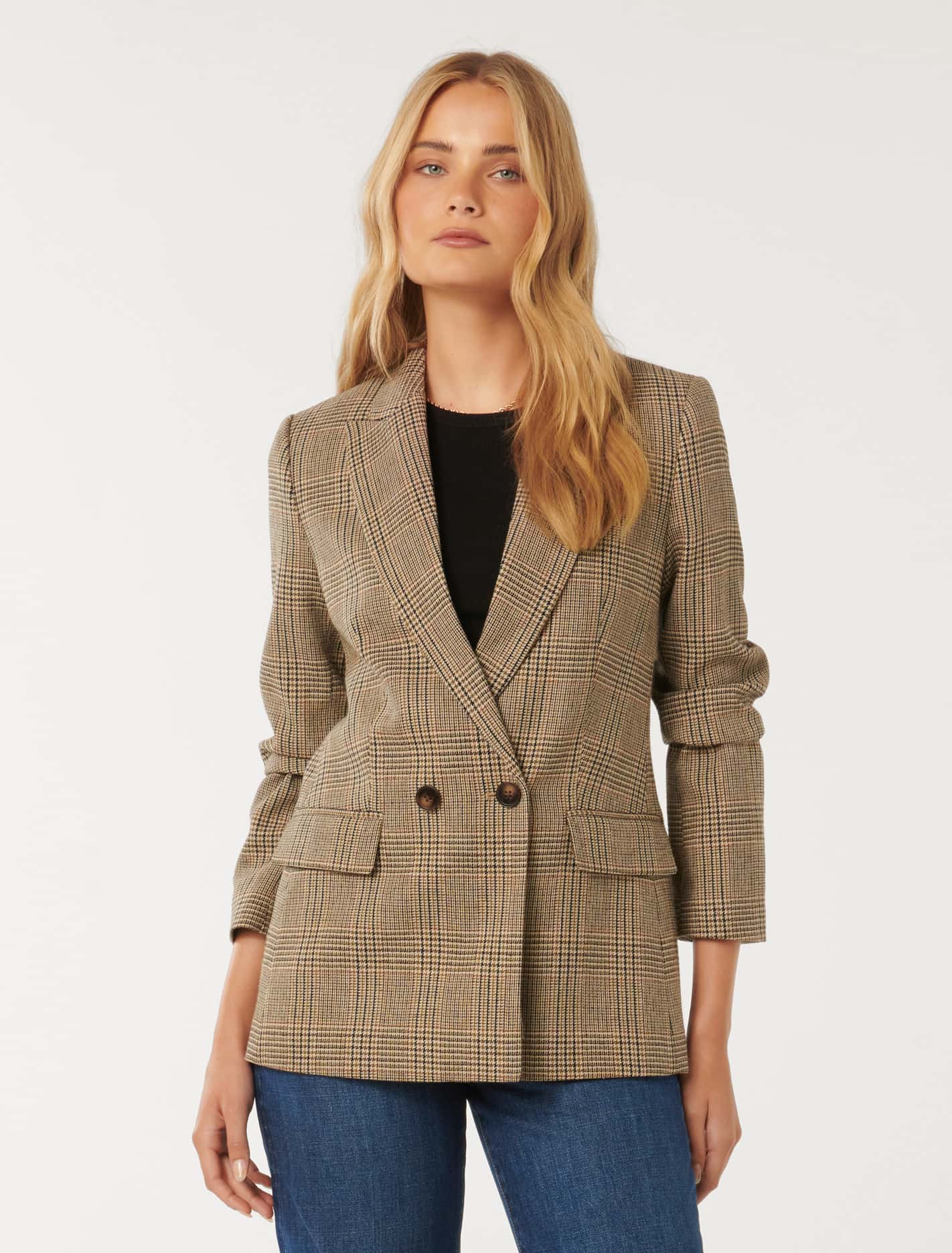Nadia Double Breasted Blazer Beige Heritage Check