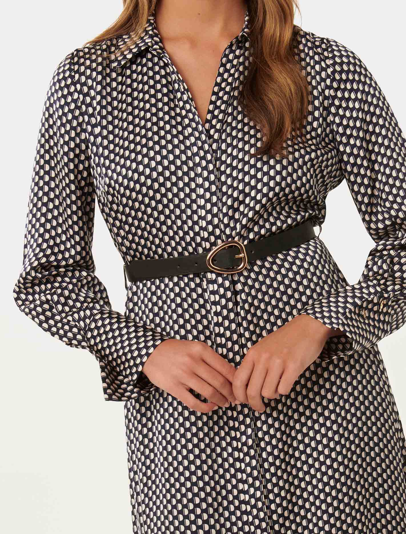 Janine Petite Satin Midi Shirt Dress Navy Kitson Geo