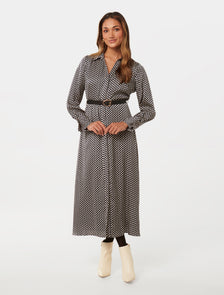 Janine Petite Satin Midi Shirt Dress Navy Kitson Geo