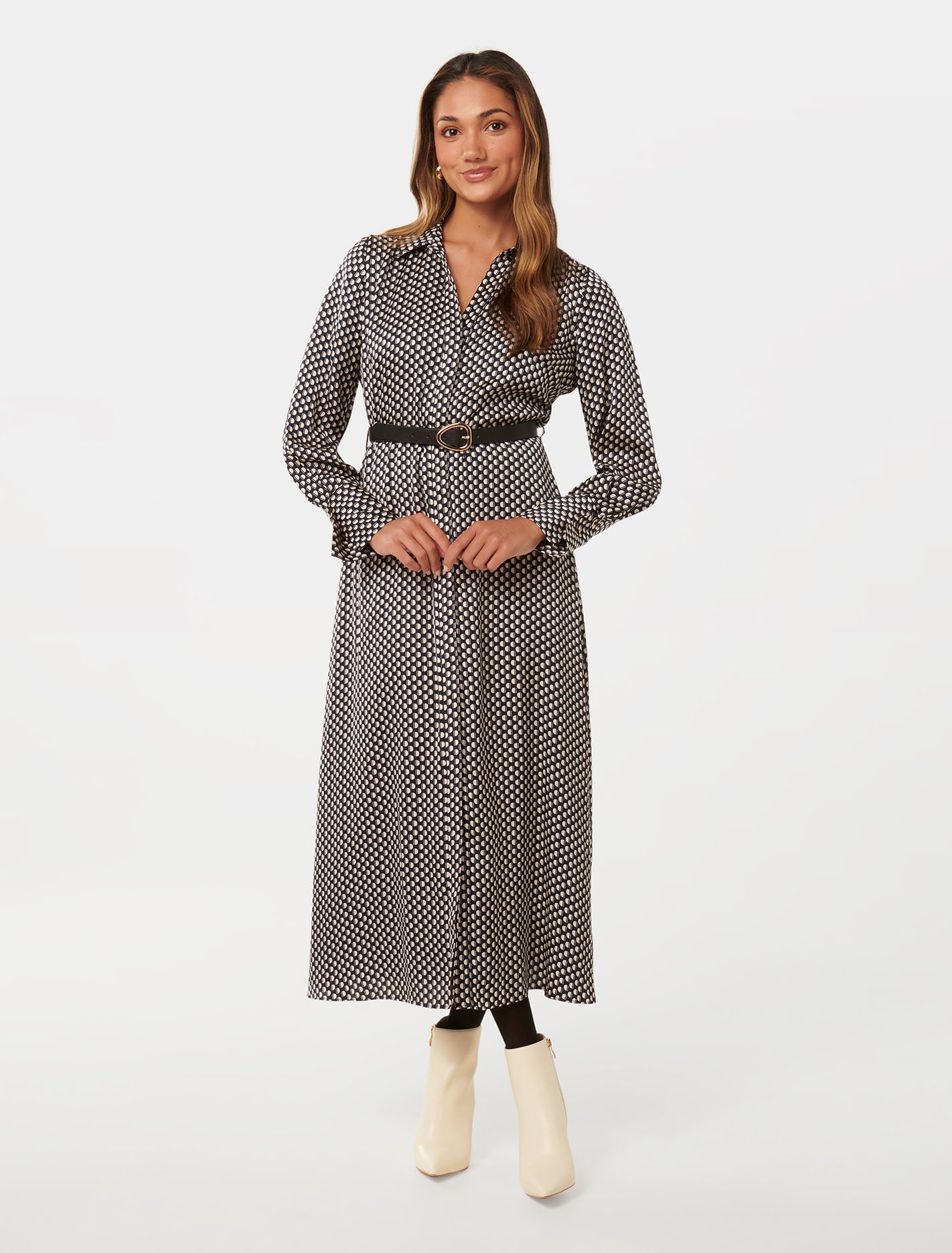 Janine Petite Satin Midi Shirt Dress Navy Kitson Geo